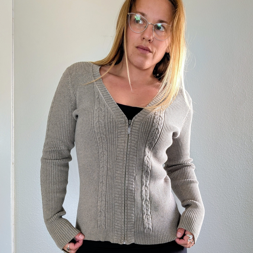Eddie Bauer Women's Taupe Cable Knit Cardigan